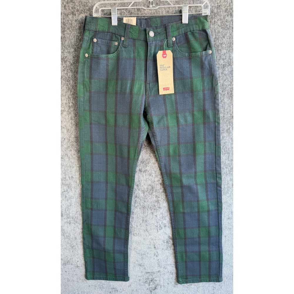 NWT Levis 502 Regular Taper Pants Mens 29x30 Green Navy Plaid Tartan Check Stret
